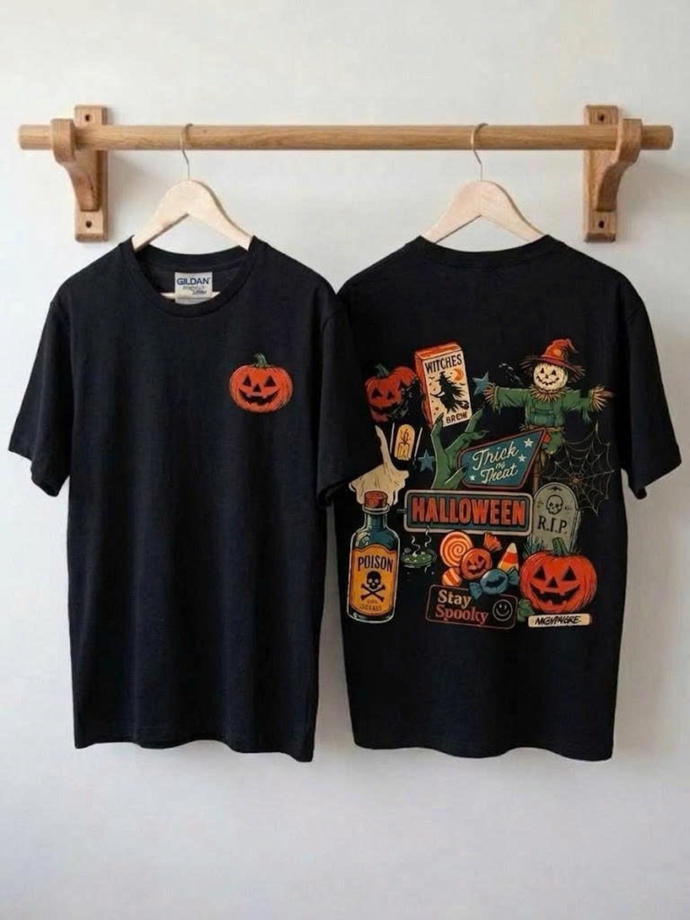 Vintage Halloween Double Sided T-Shirt Retro Spooky Pumpkin Graphic Tee